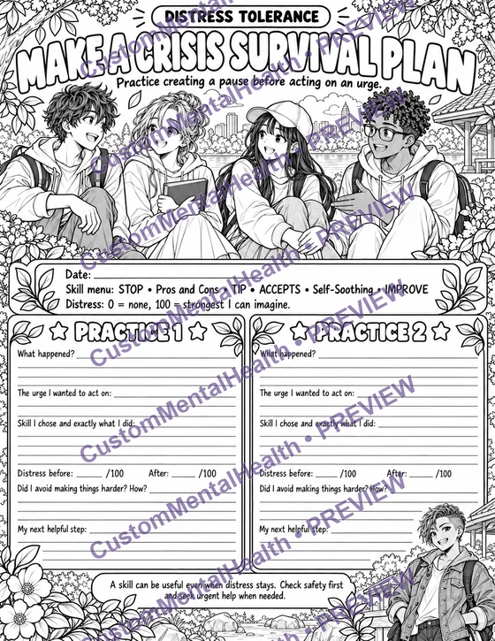 Watermarked preview of Make a Crisis Survival Plan, an illustrated Distress Tolerance worksheet