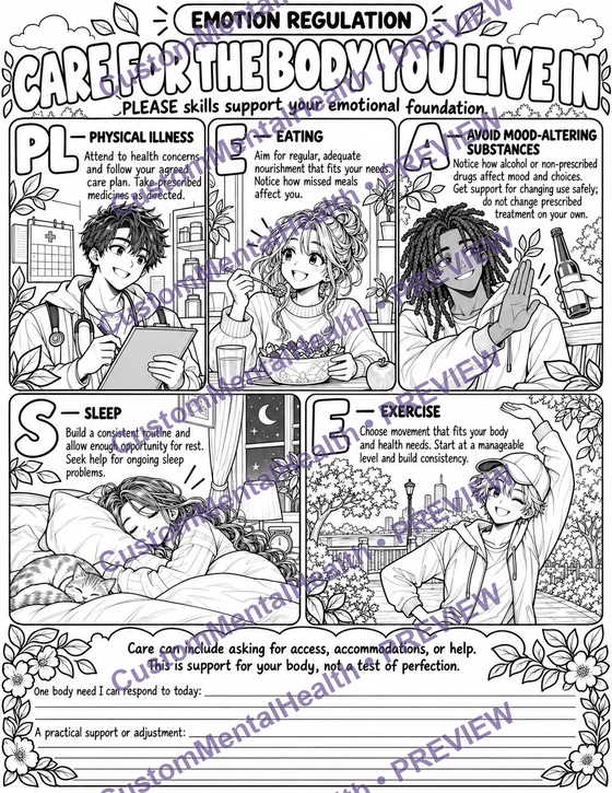 Watermarked preview of PLEASE · Care for Your Body, an illustrated Emotion Regulation handout