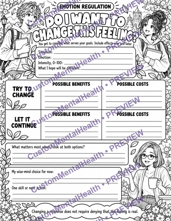 Watermarked preview of Do I Want To Change This Feeling?, an illustrated Emotion Regulation worksheet