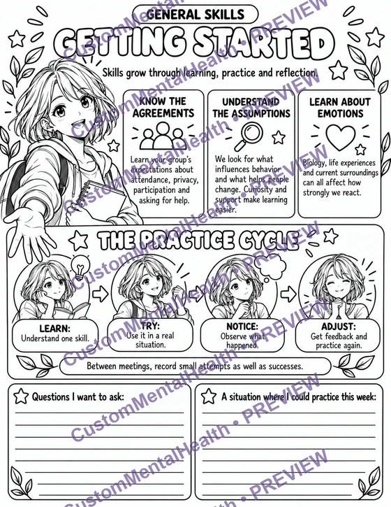 Watermarked preview of Getting Started, an illustrated General Skills handout