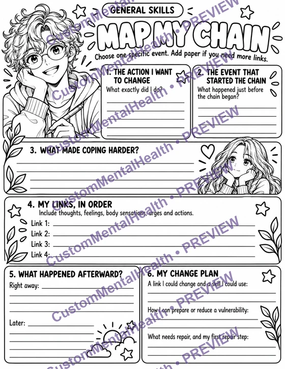 Map My Chain, an illustrated worksheet with open spaces for reflection