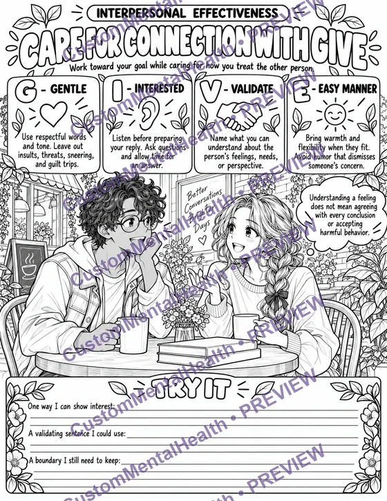 Watermarked preview of GIVE · Care for Connection, an illustrated Interpersonal Effectiveness handout