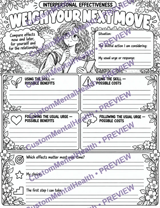 Watermarked preview of Weigh Your Next Move, an illustrated Interpersonal Effectiveness worksheet