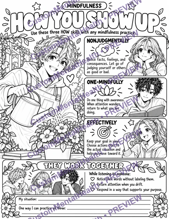 Watermarked preview of How Skills · How You Show Up, an illustrated Mindfulness handout