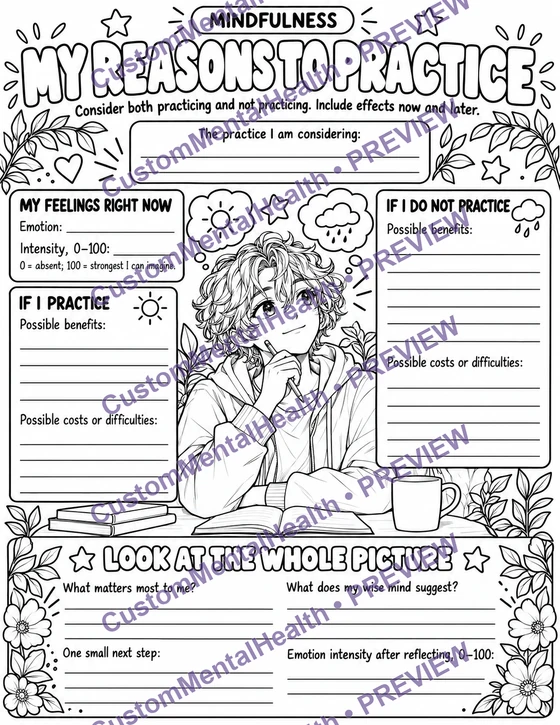 Watermarked preview of My Reasons To Practice, an illustrated Mindfulness worksheet